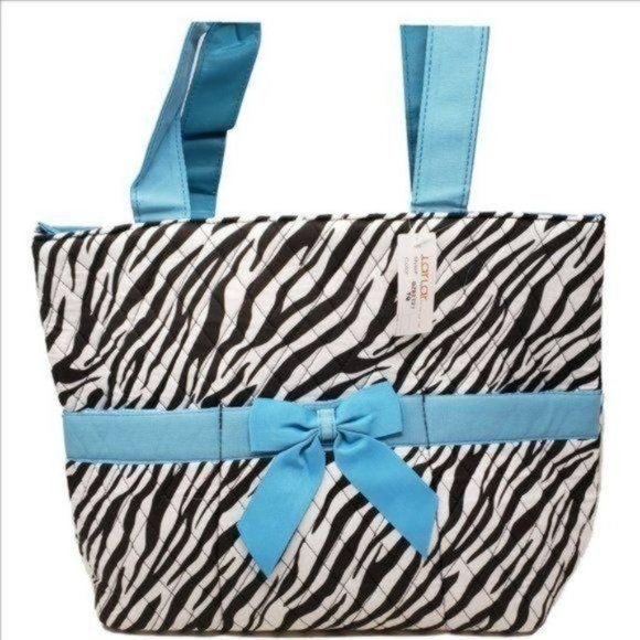 LAR LAR Quilted Diaper Bag Zebra PrInt w/Turquoise Blue Bow Accents NEW w/TAG - Picture 2 of 5